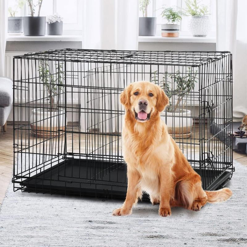 Large Dog Crate, 18/24/36/42/48 Inches Double Door Pet Crate Folding Metal Wire Dog Cage Pet Dog Kennel with Divider Panel, Leak-Proof Plastic Pan, Indoor Outdoor Pet Crates for Medium and Large Breed Pet Animals