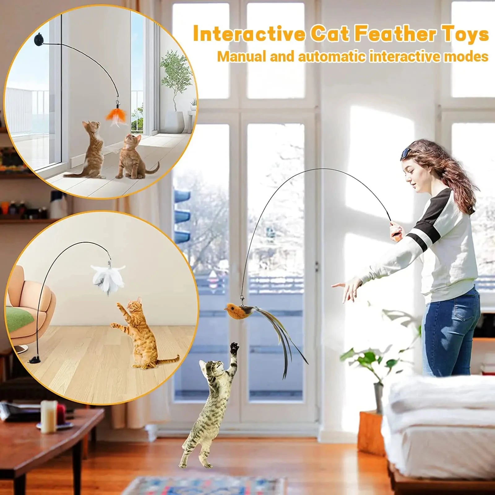 Exciting Interactive Cat Feather Wand Toy Set with Super Suction Cup - Includes 2 Detachable Feather Replacements for Hours of Fun!