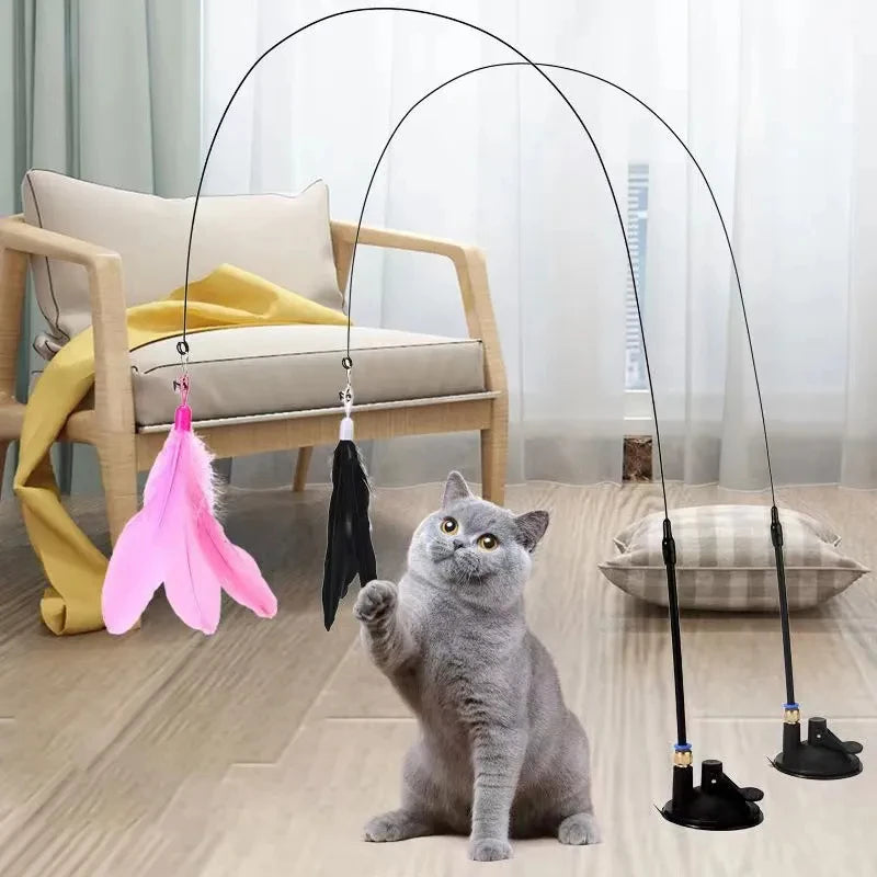 Exciting Interactive Cat Feather Wand Toy Set with Super Suction Cup - Includes 2 Detachable Feather Replacements for Hours of Fun!