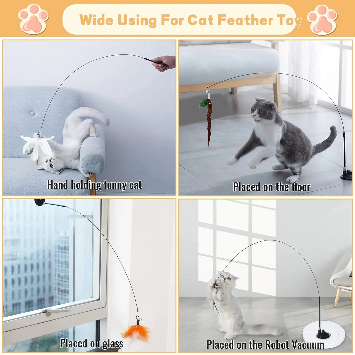 Exciting Interactive Cat Feather Wand Toy Set with Super Suction Cup - Includes 2 Detachable Feather Replacements for Hours of Fun!