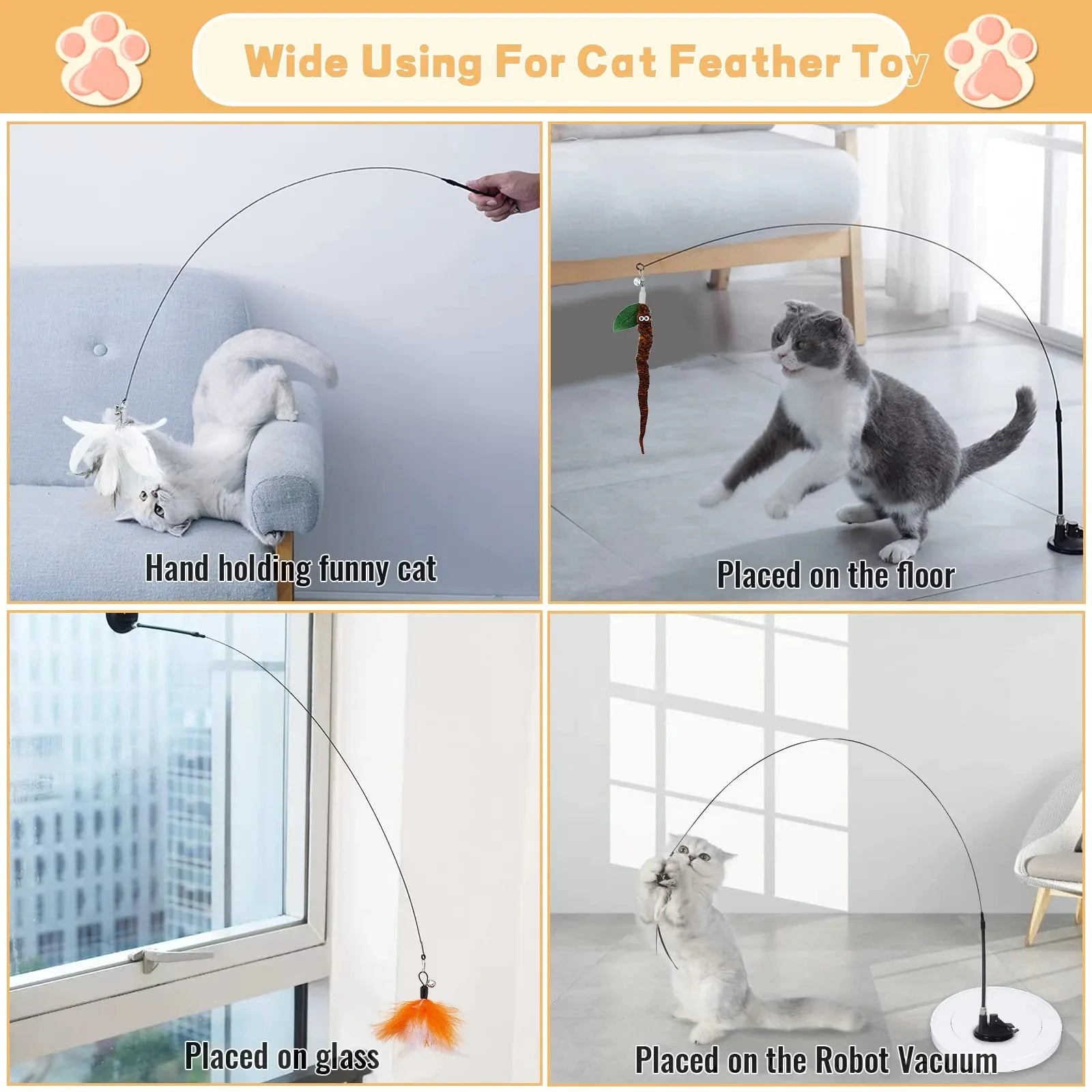 Exciting Interactive Cat Feather Wand Toy Set with Super Suction Cup - Includes 2 Detachable Feather Replacements for Hours of Fun!