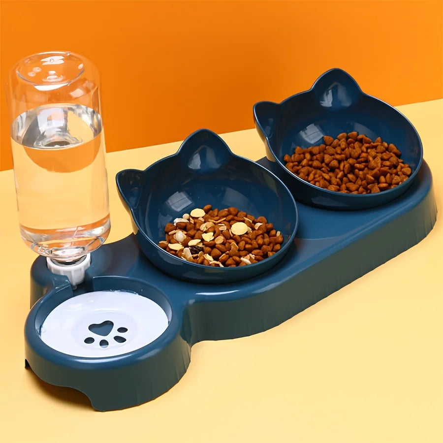 Elevate Your Cat's Dining Experience with Our 3-in-1 Ear Design Tilted Pet Bowls Featuring a Convenient Water Feeder!
