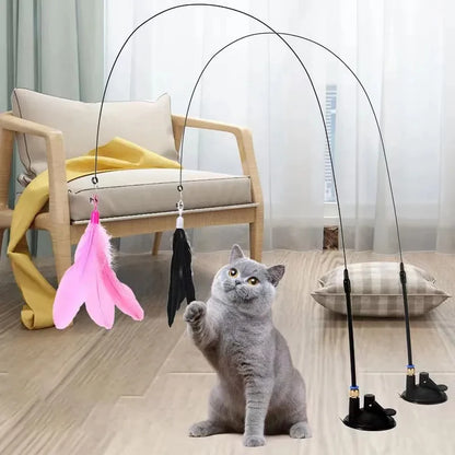 Exciting Interactive Cat Feather Wand Toy Set with Super Suction Cup - Includes 2 Detachable Feather Replacements for Hours of Fun!