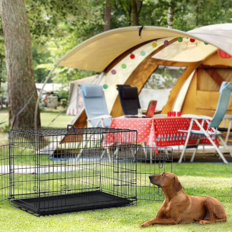 Large Dog Crate, 18/24/36/42/48 Inches Double Door Pet Crate Folding Metal Wire Dog Cage Pet Dog Kennel with Divider Panel, Leak-Proof Plastic Pan, Indoor Outdoor Pet Crates for Medium and Large Breed Pet Animals